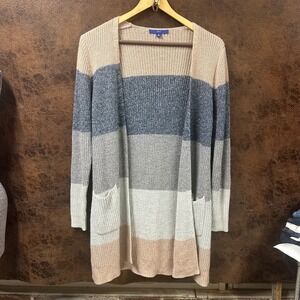Apt. 9 XL Wide Stripe Open Long Cadigan with Front Pockets Blue Tan Peach Grey